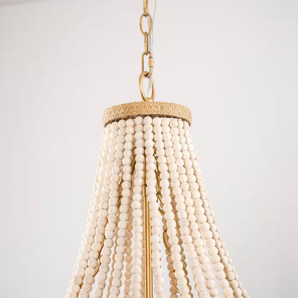Farmhouse 17.7 In. 4-Light Antique Gold Empire Wood Beaded Chandelier with Jute Rope Shade