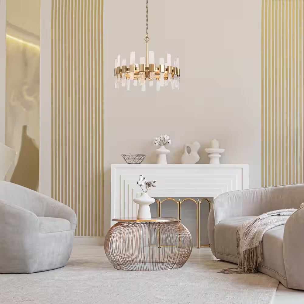 Mid-Century Modern Gold Kitchen Island Chandelier, 6-Light Glam Dining Room Ceiling Light with Icing Glass Strips