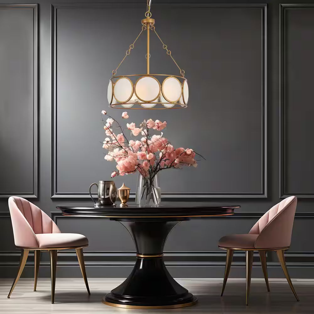 3-Light Antique Gold Modern Pendant Light, Frosted Glass round Chandelier, Transitional Dining Room Drum Chandelier