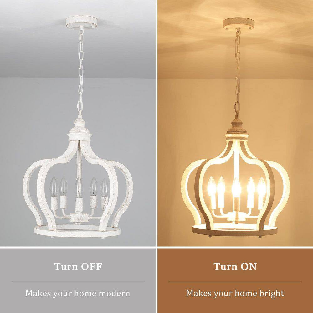 5-Light Vintage White Cottage Chic Crown Chandelier Farmhouse Wooden Pendant