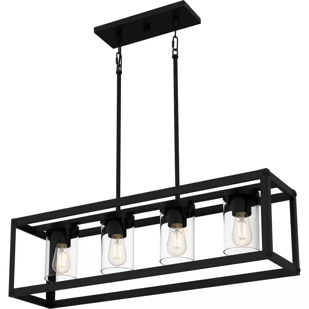 4-Light Matte Black Outdoor Linear Chandelier with Clear Glass Shades