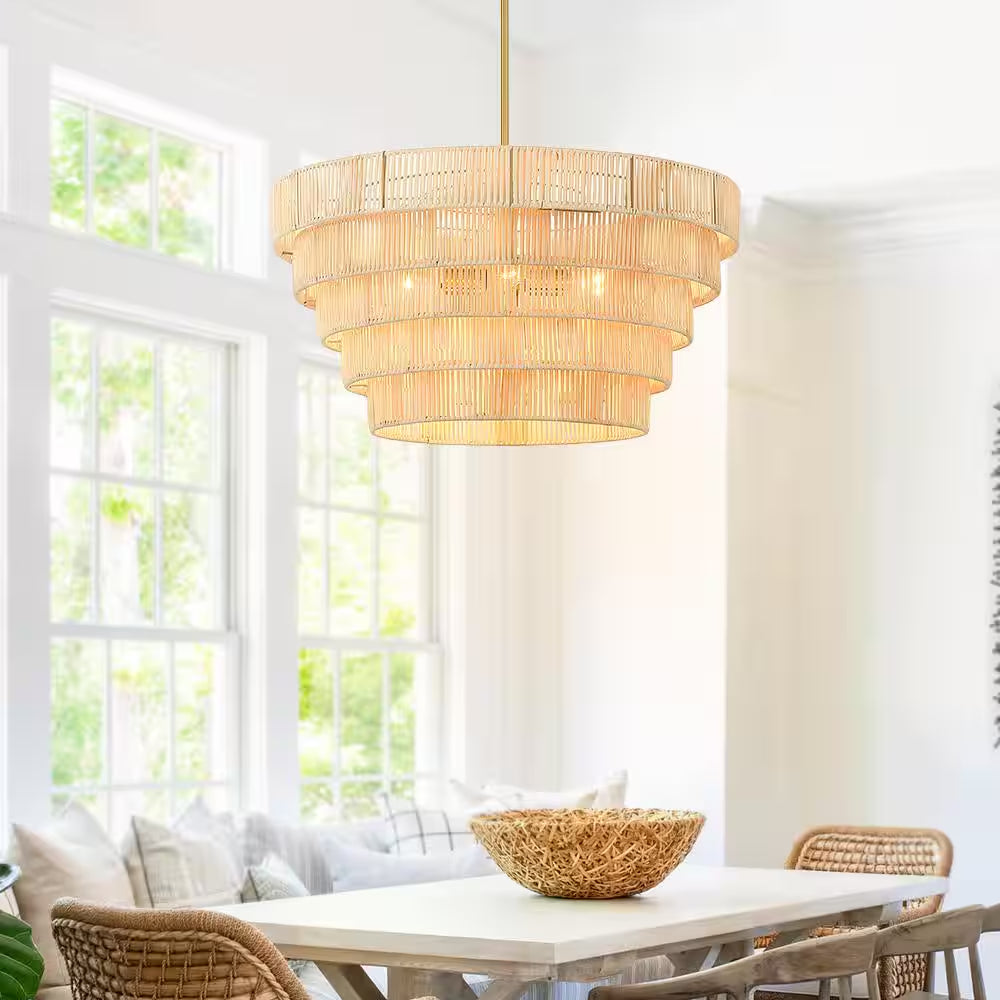 Piersan 26 In. 5-Light Brass Modern Bohemian Chandelier with Tiered Rattan Shade