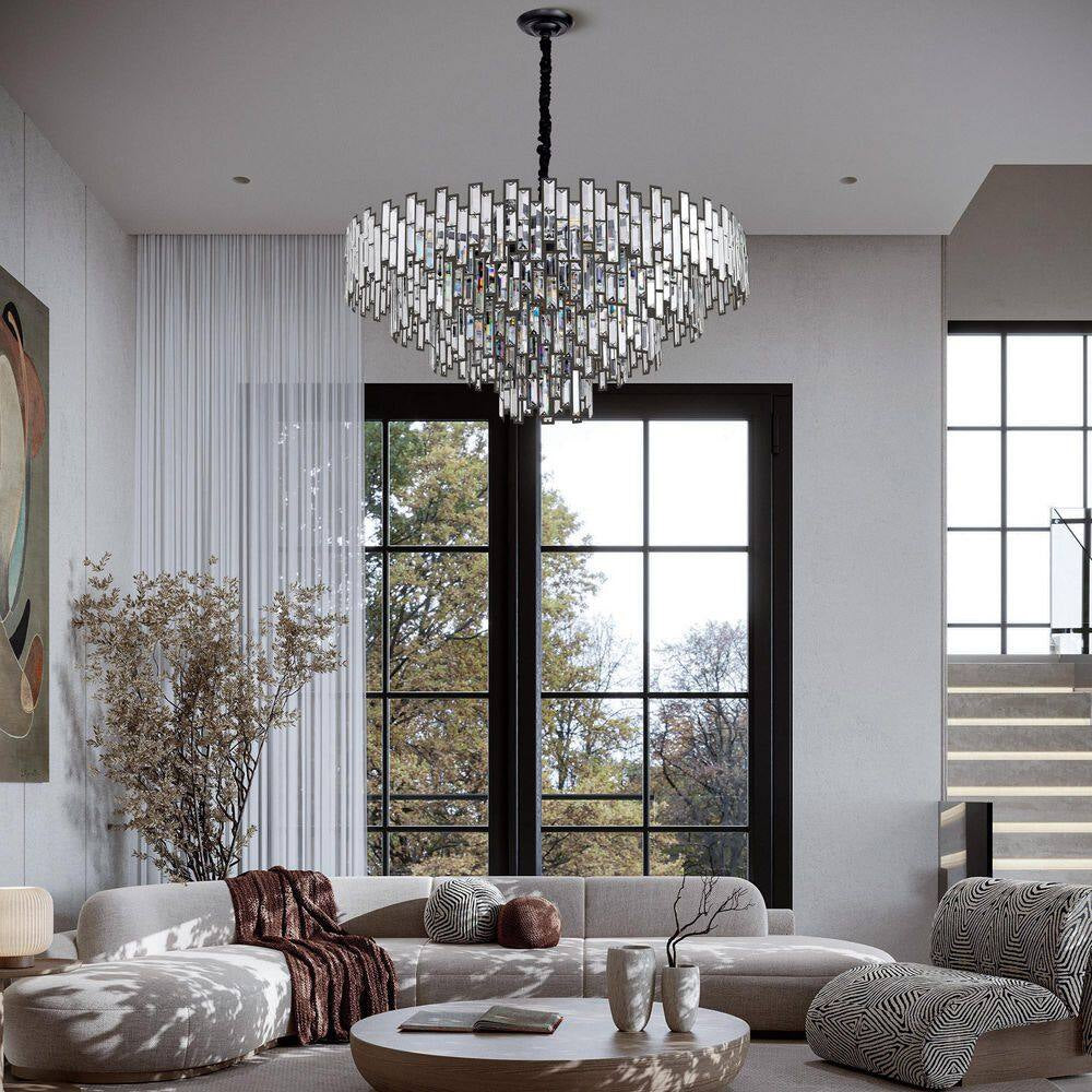 38.5 In. Modern Chandelier 26-Light 5-Tier Black round K9 Crystal Chandelier for Dining Room Living Room Entryway, Foyer