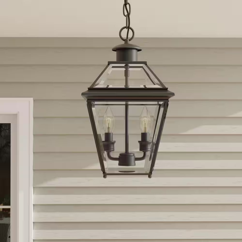 Burlington Collection 2-Light Antique Bronze Clear Beveled Glass New Traditional Outdoor Hanging Lantern Light