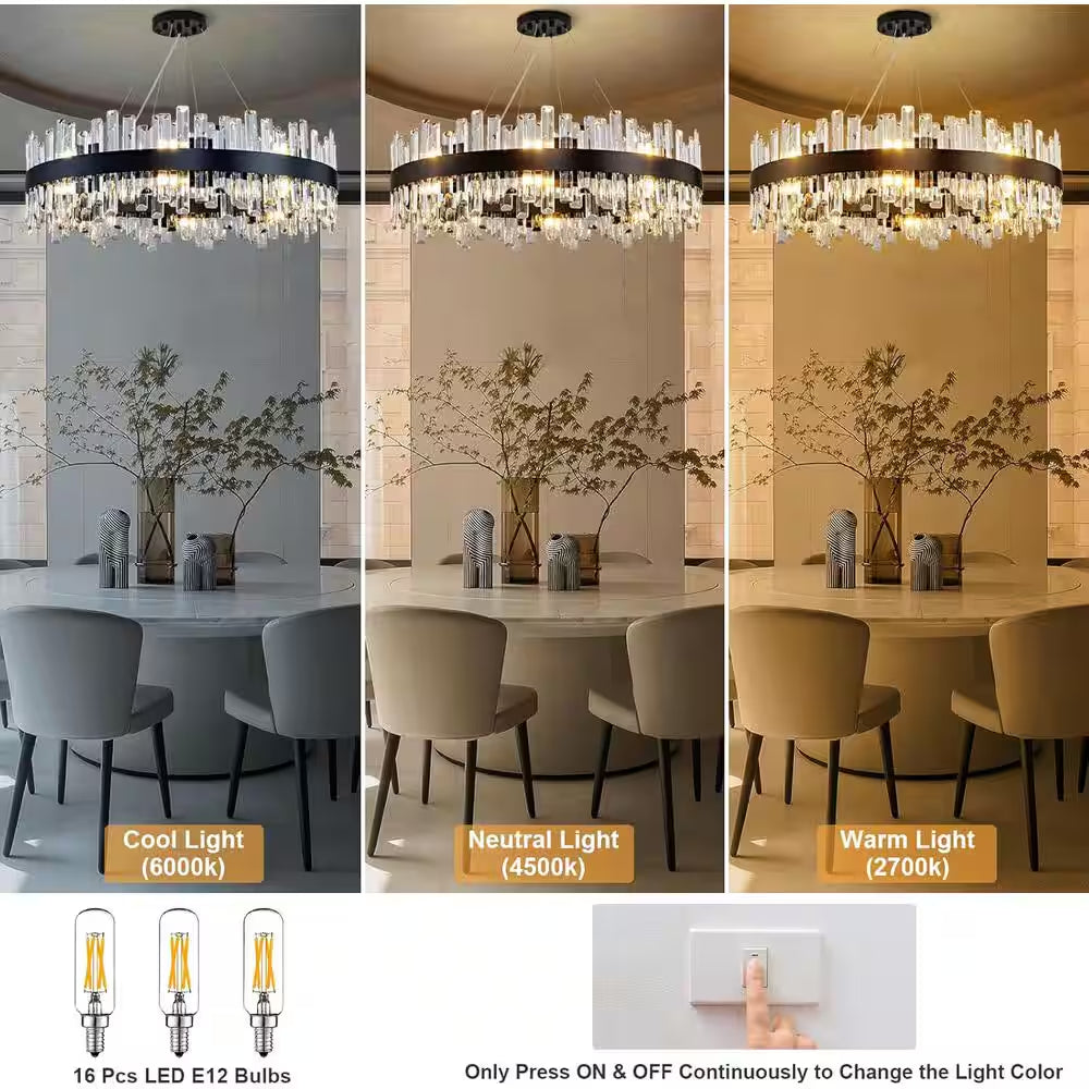 31.5 In. 16-Light Black Crystal Chandelier, Modern round K9 Crystal Hanging Pendant Ceiling Light Fixture