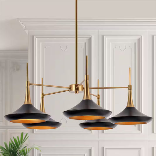 Contemporary Black Mid Century Chandelier with Metal Barn Shades Plating Brass/Gold Accent 5-Light Modern Large Pendant