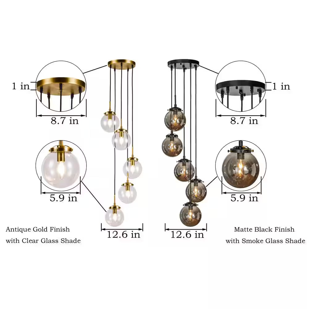 5-Light Modern Antique Gold Staircase Chandelier Clear Globe Bubble Glass Foyer Pendant