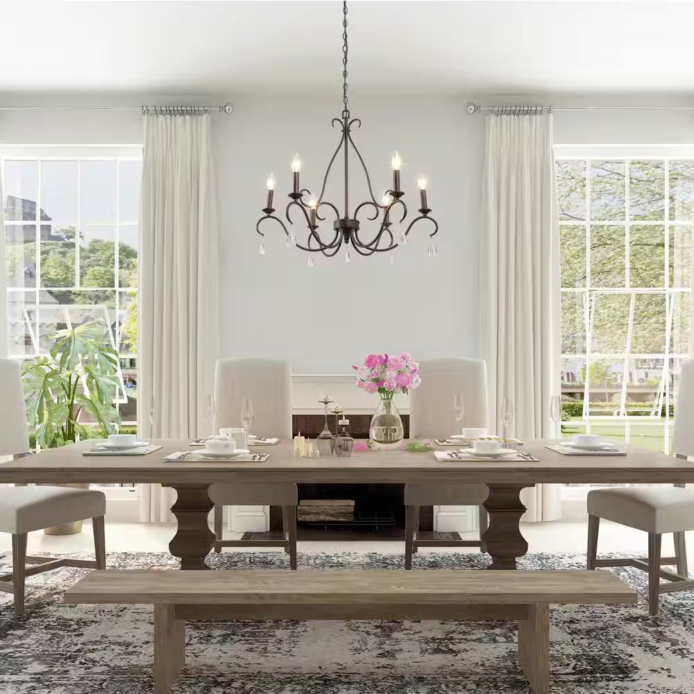 28 In. 6-Light Rusted Bronze Classic Candlestick Chandelier with Crystal Drops Modern Farmhouse Island Pendant