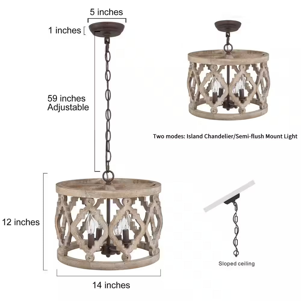 Rustic Bronze Farmhouse Drum Island Chandelier with Solid Wood Cage Shade Classic Candlestick Chandelier 4-Light Pendant