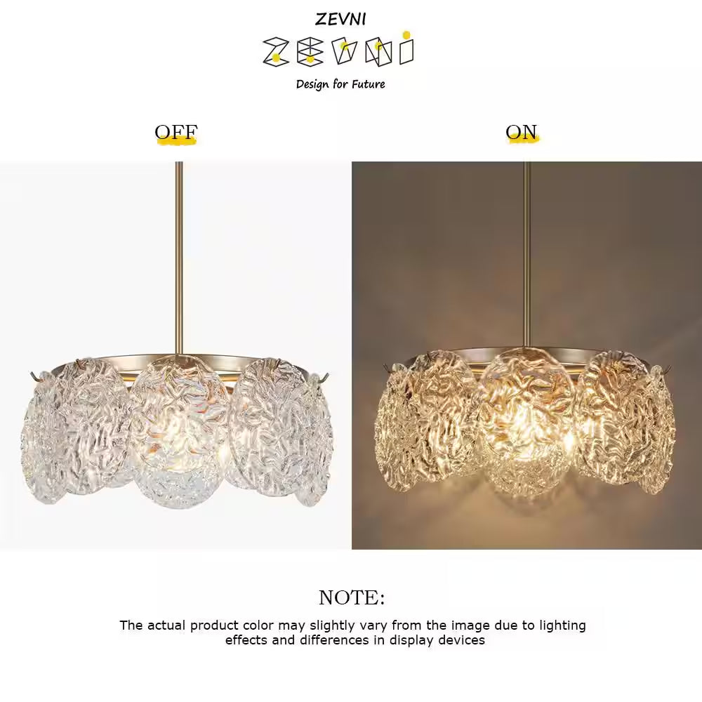 Wavelet 5-Light Dark Gold round Chandelier Lighting, Mid-Century Modern Pendant Light with Water Ripple Glass Shade