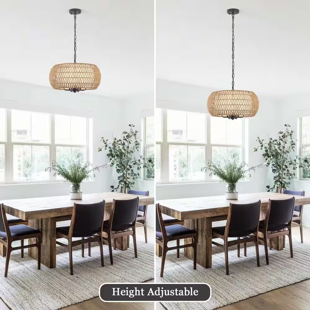 6-Light Black Bohemian Drum Chandelier with Straw Woven Shade for Kitchen Island