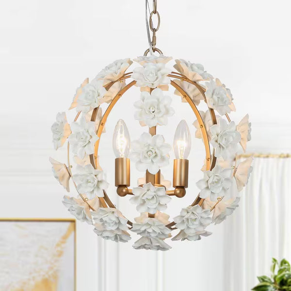 3-Light Gold Globe Chandelier with White Ceramic Flowers