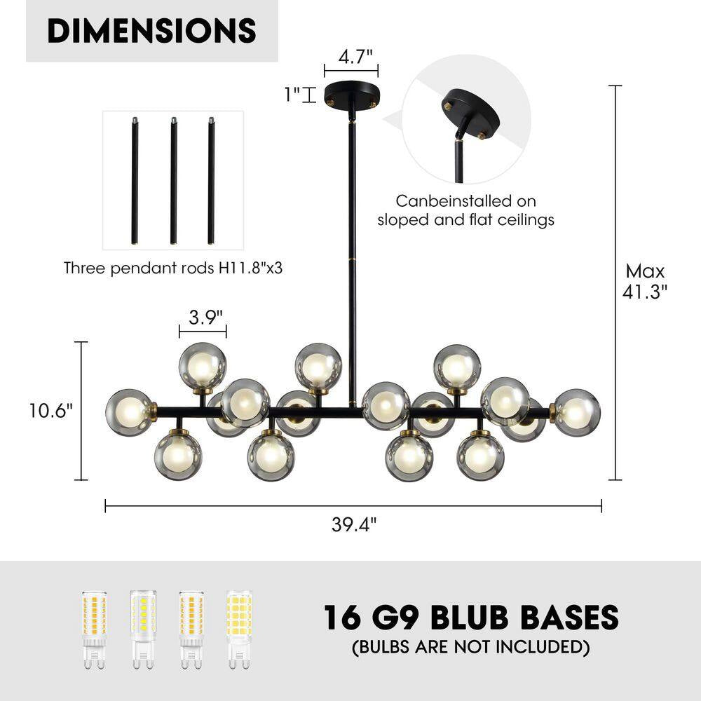 40 In. 16-Light Modern Black Dimmable Bubble Glass Sputnik Glass Globe Chandelier for Dining Room and Living Room