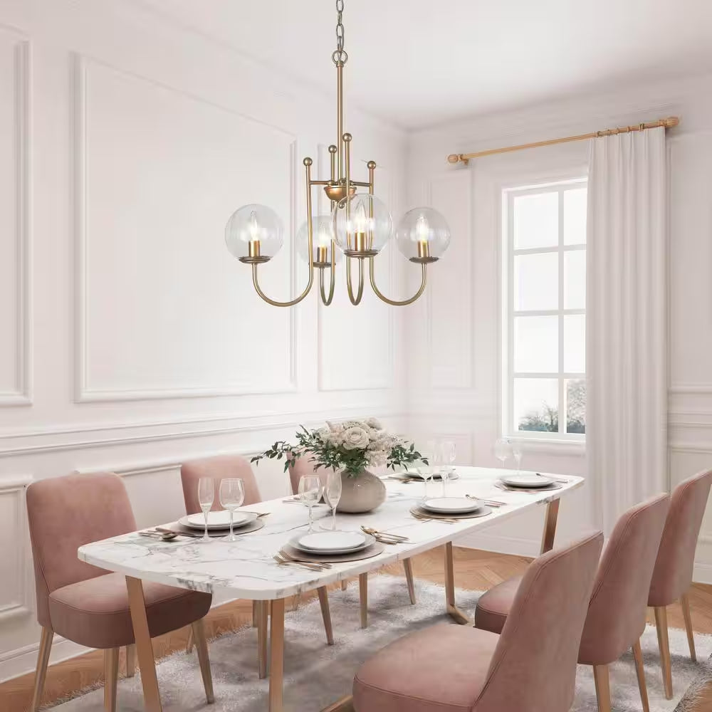 Modern Gold Sputnik Kitchen Island Chandelier Transitional 4-Light Brass Globe Kitchen Light with Clear Glass Shade