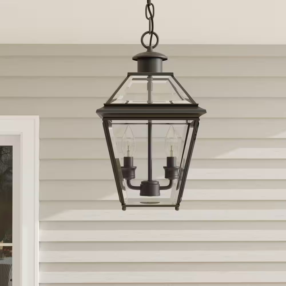 Burlington Collection 2-Light Antique Bronze Clear Beveled Glass New Traditional Outdoor Hanging Lantern Light