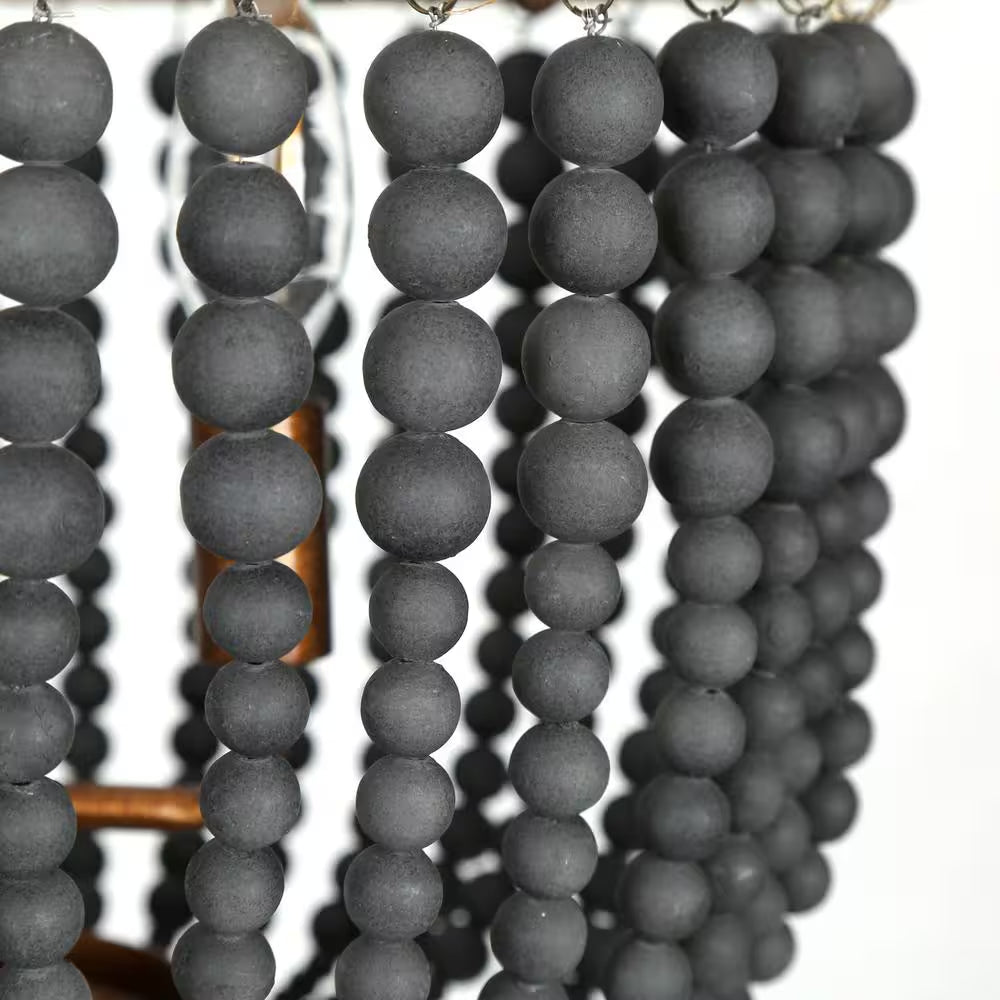 Modern Farmhouse Empire Drum Beaded Chandelier Light, 3-Light Gold Transitional Boho Chandelier with Black Wood Beads
