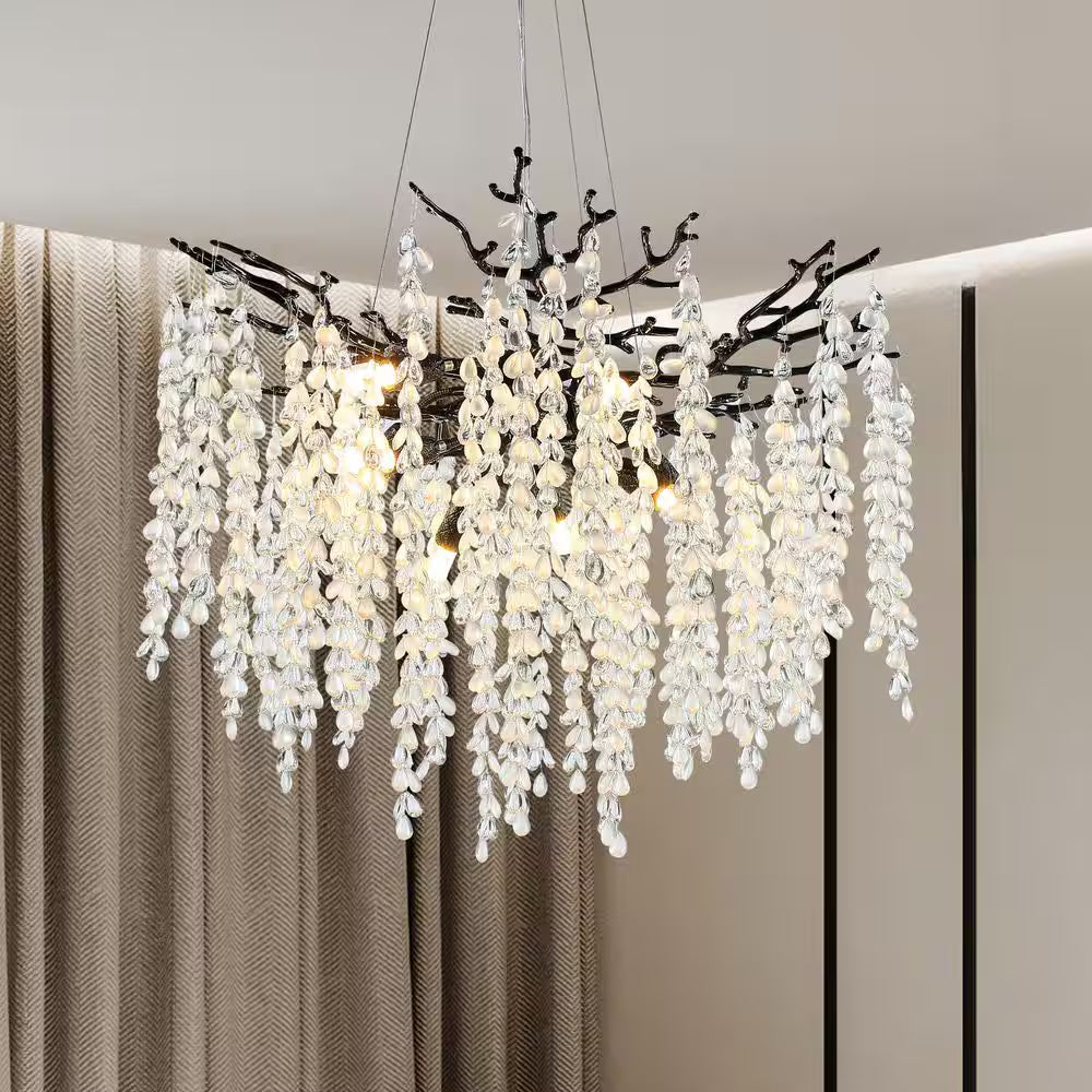 24" 8-Light Modern Crystal Chandelier Black Tree Branch round Chandelier for Dining Room, Living Room, Bedroom, Entryway