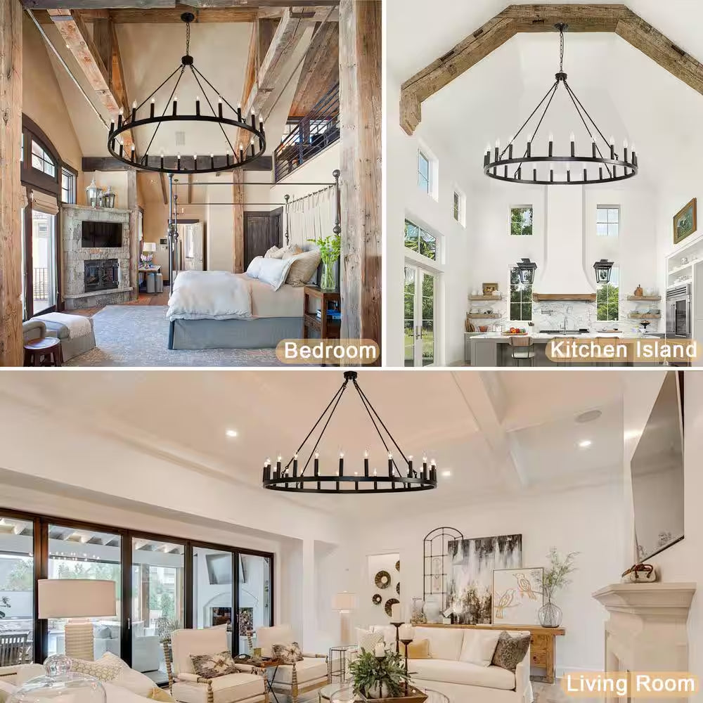 Black Wagon Wheel Chandelier 24-Lights, Large Farmhouse round Outdoor Chandelier