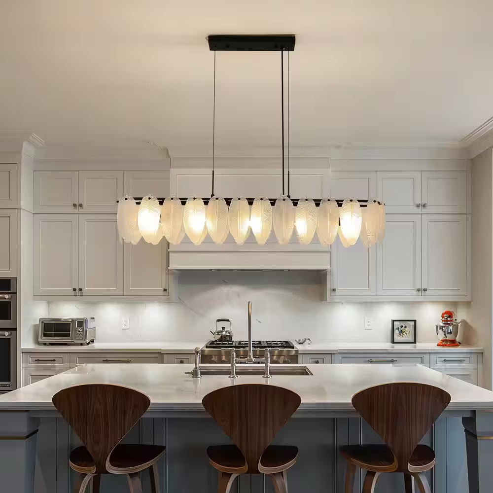 5-Light Black and Frosted Glass Leaf Linear Chandelier for Kitchen Island Dining Bedroom Living Room Foyer
