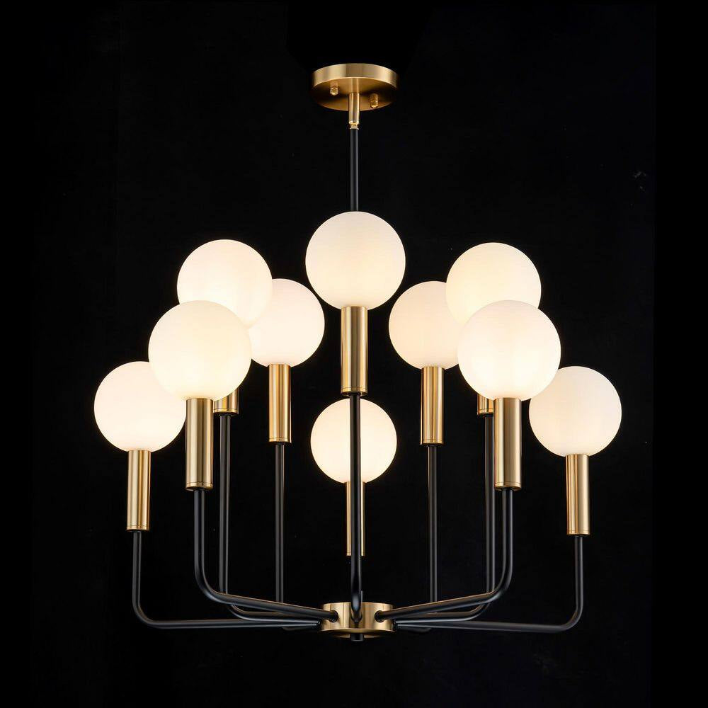 Aaron 10-Light Modern Transitional Black and Gold Uplight Frosted Glass Globe Chandelier