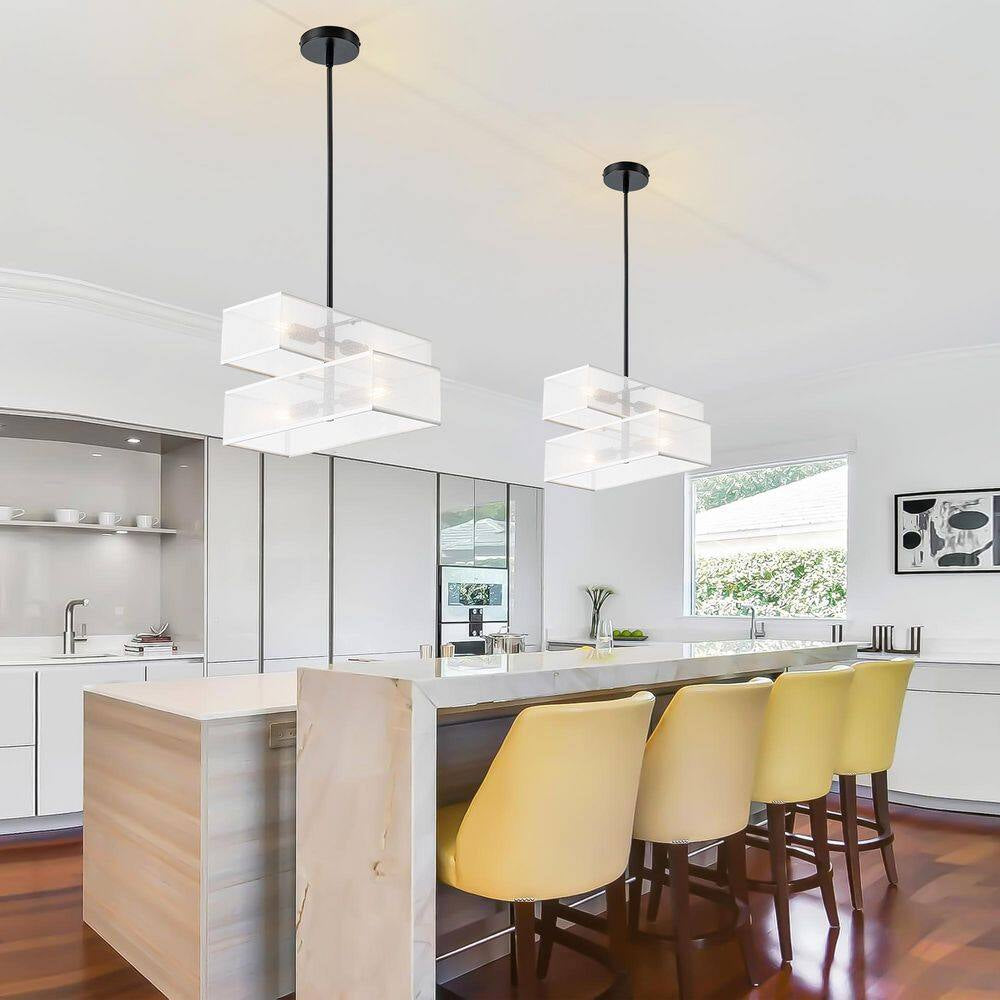 4-Light Modern Farmhouse White Fabric Drum Chandelier for Kitchen Island with No Bulbs Included