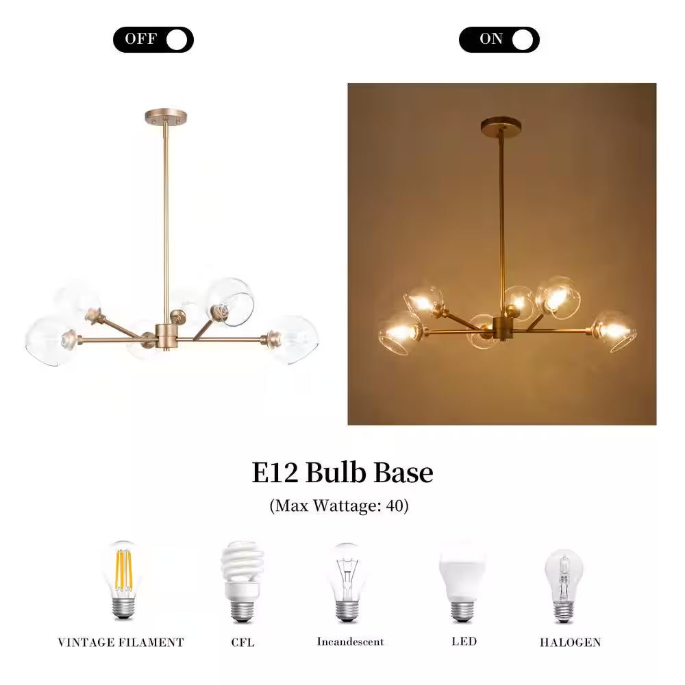 Modern Gold Dining Room Chandelier, Bubble 31.5 In. 6-Light Farmhouse Sputnik Bedroom Chandelier with Clear Glass Shades