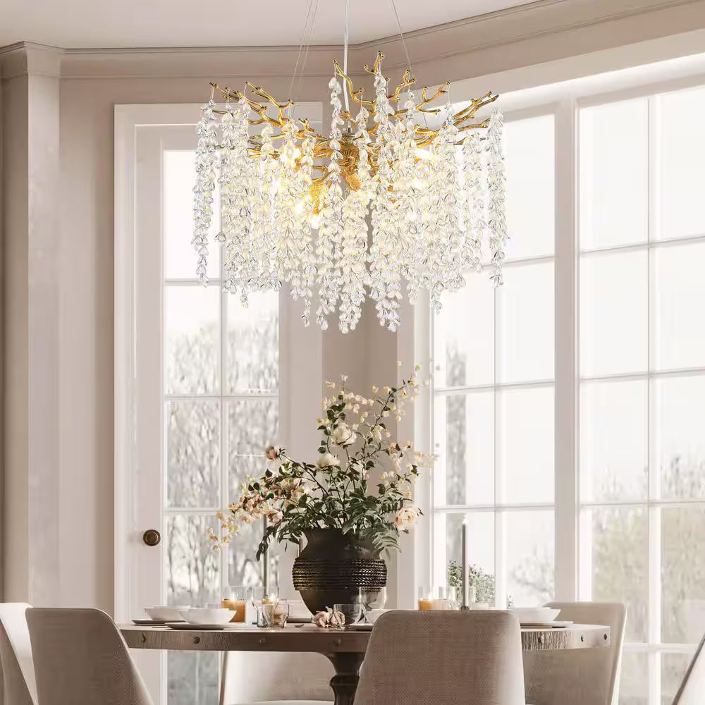 24" 8-Light Modern Crystal Chandelier, Gold Tree Branch round Chandelier for Dining Room, Living Room, Bedroom, Entryway