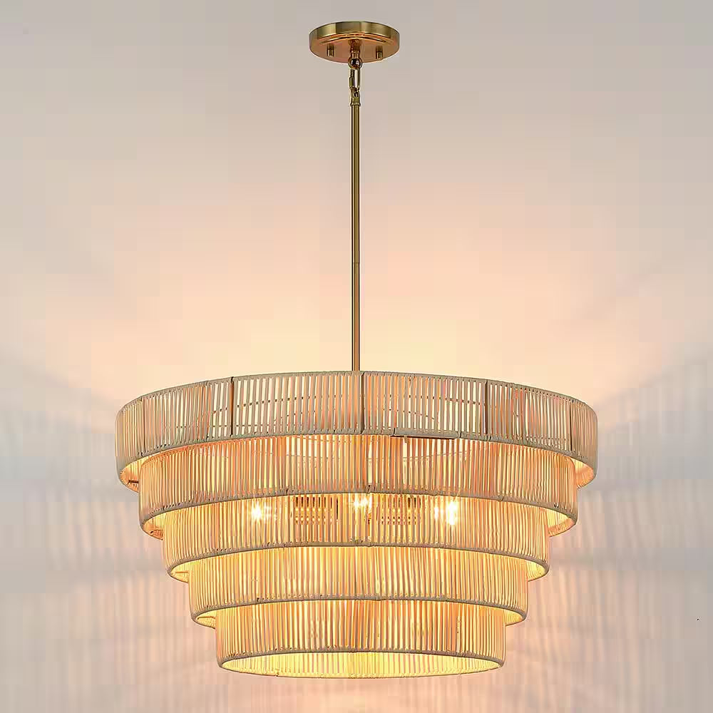 Piersan 26 In. 5-Light Brass Modern Bohemian Chandelier with Tiered Rattan Shade