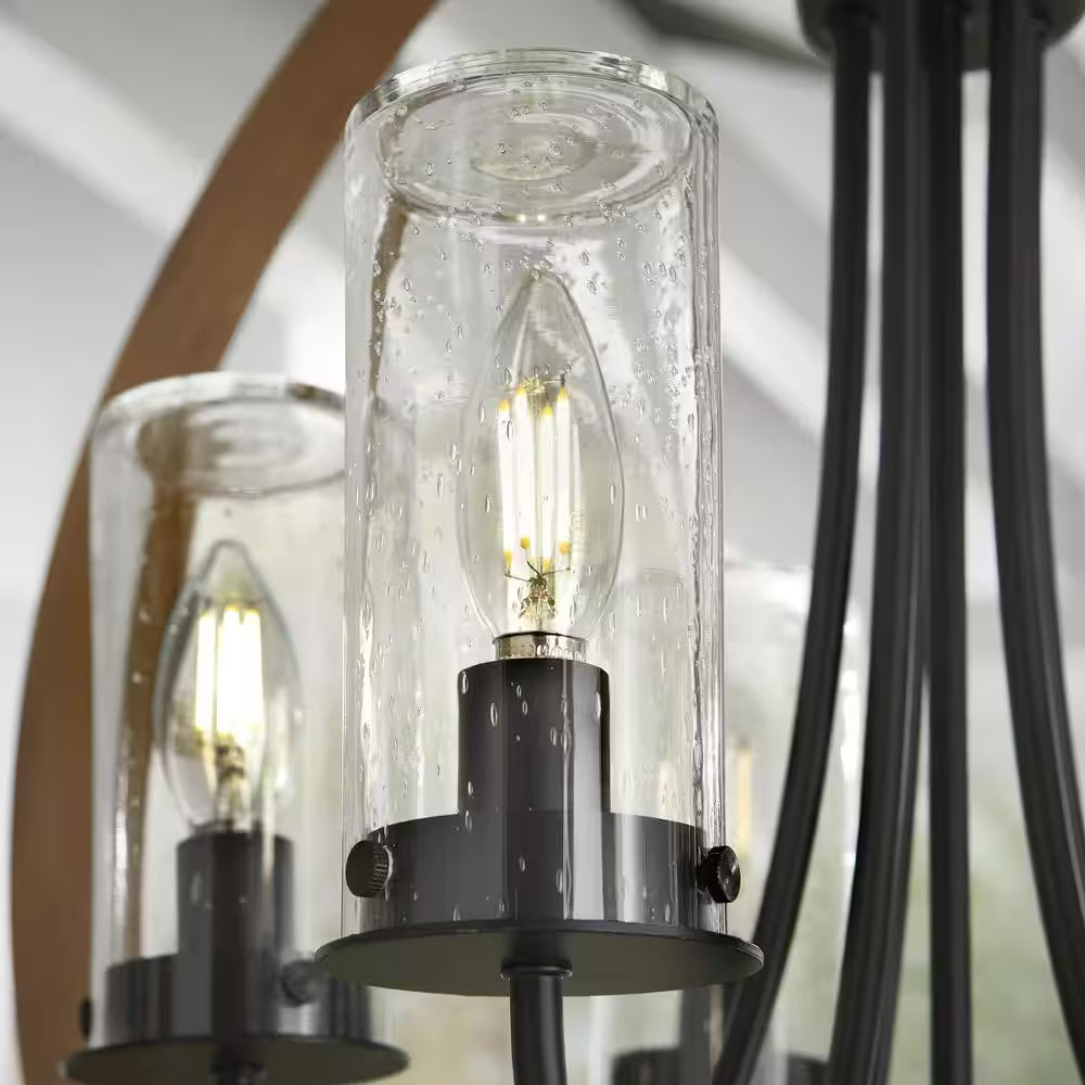 Ellena 5-Light Matte Black and Maple Tone Outdoor Chandelier with Seedy Glass