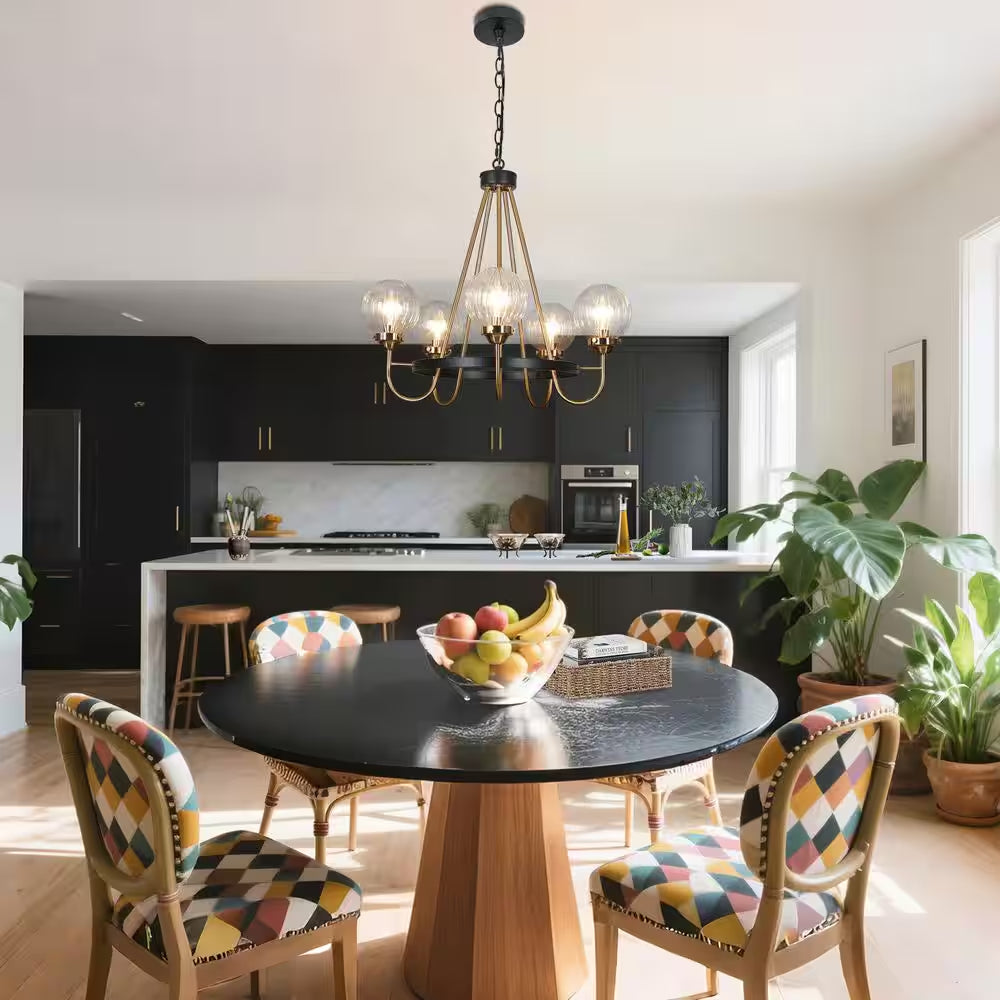 5-Light Brass Chandelier Lighting, Sputnik Pendant Lights for Kitchen Island, Modern Black Chandelier with round Glasses
