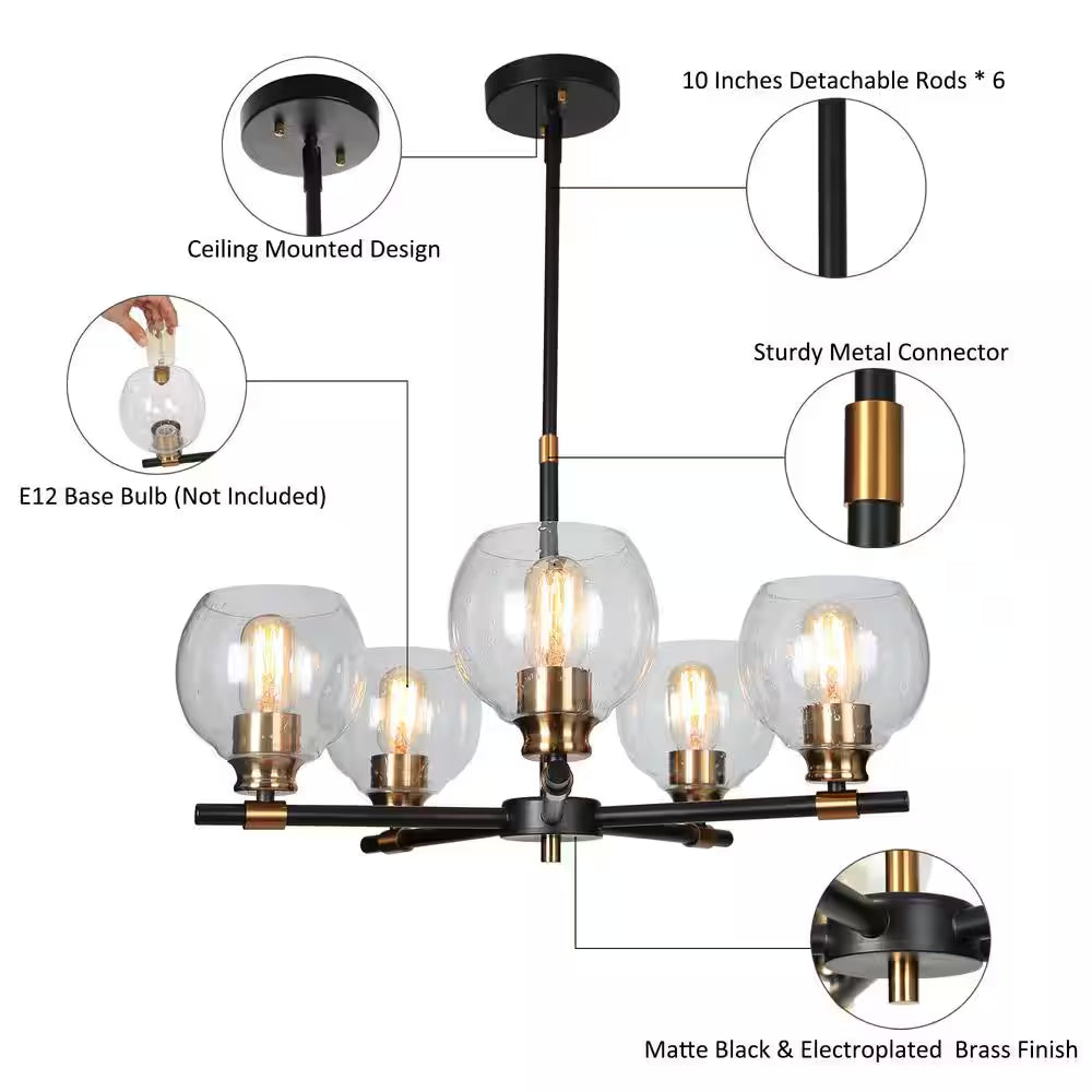 Transitional Sputnik Dining Room Chandelier 5-Light Modern Black and Gold Candle Chandelier with Seeded Glass Shades