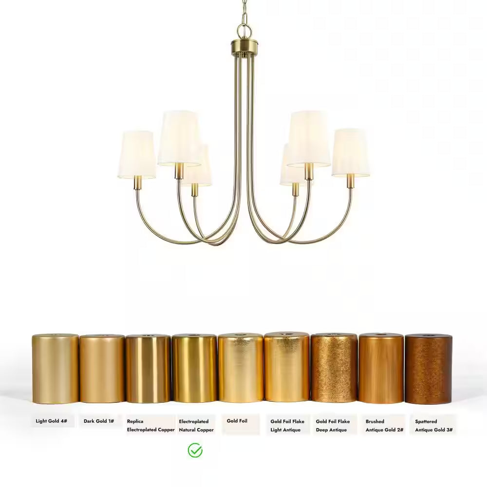 Transitional 28.5 In. 6-Light Plated Brass Sputnik Chandelier, Vintage Dining Room Chandelier with White Fabric Shade