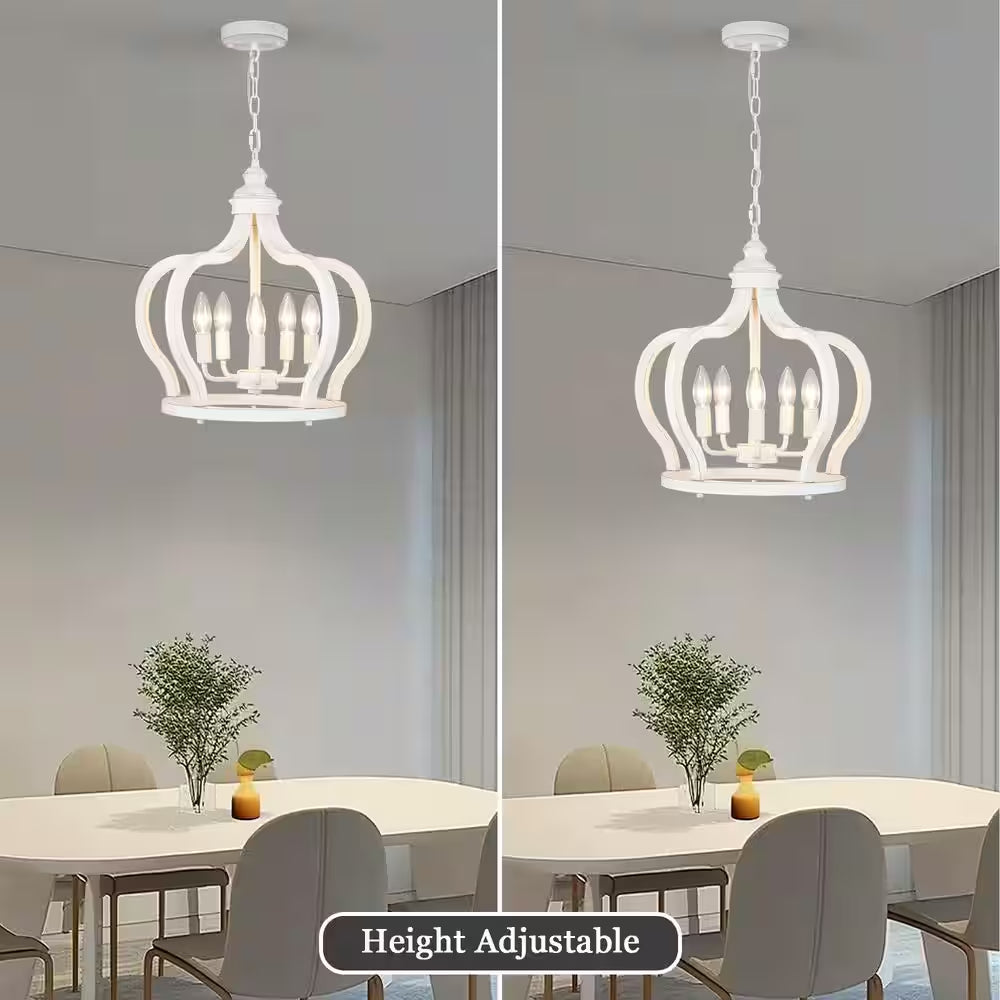 5-Light Vintage White Cottage Chic Crown Chandelier Farmhouse Wooden Pendant