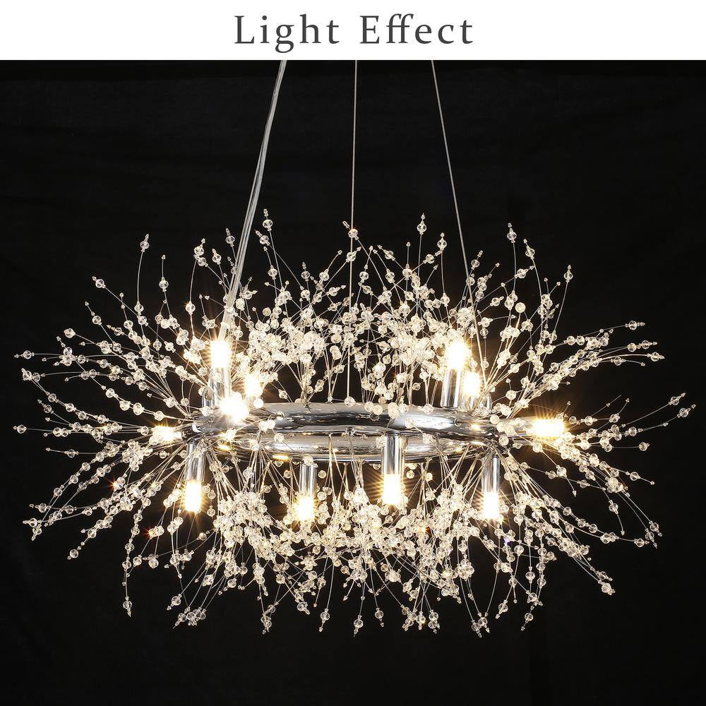 12-Light Chrome Modern Dandelion Crystal Chandelier for Dining Room and Living Room