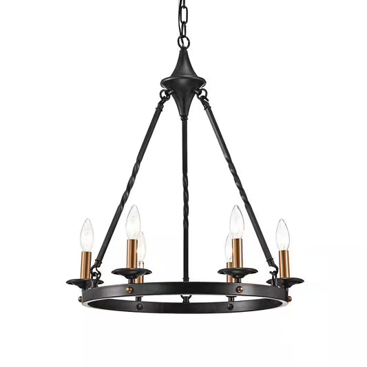 Hartwell 6-Light Antique Black Modern Farmhouse round Candlestick Chandelier with Brass Candle Sleeves