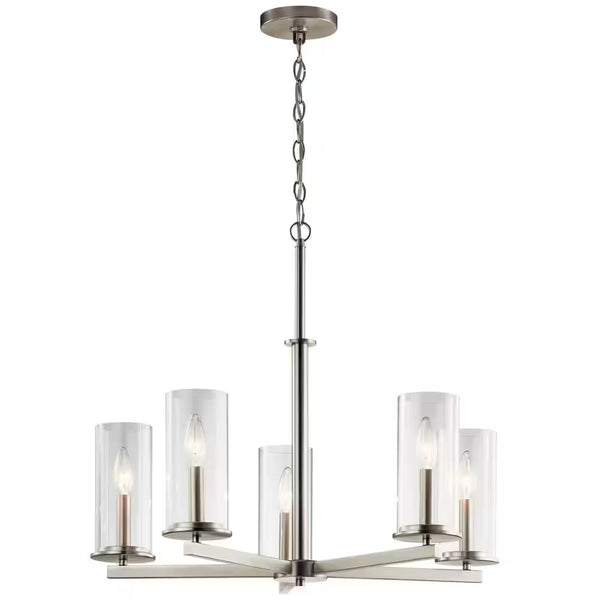 Crosby 26.25 In. 5-Light Brushed Nickel Contemporary Candlestick Cylinder Chandelier for Dining Room