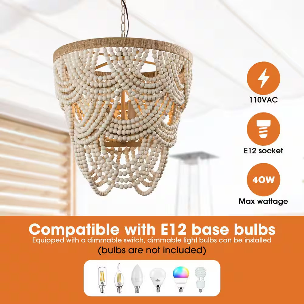 Hatfield 4-Light Bohemia Style Natural Wood Beaded Tiered Chandelier with Rope Accents
