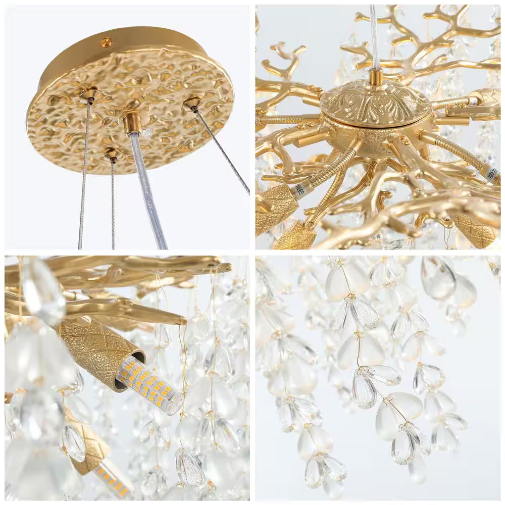 24" 8-Light Modern Crystal Chandelier, Gold Tree Branch round Chandelier for Dining Room, Living Room, Bedroom, Entryway