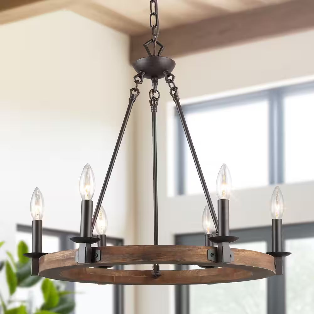 Farmhouse Wagon Wheel Chandelier, 6-Light Distressed Wood Circle Island Light, Rustic Bronze Dining Room Pendant Light
