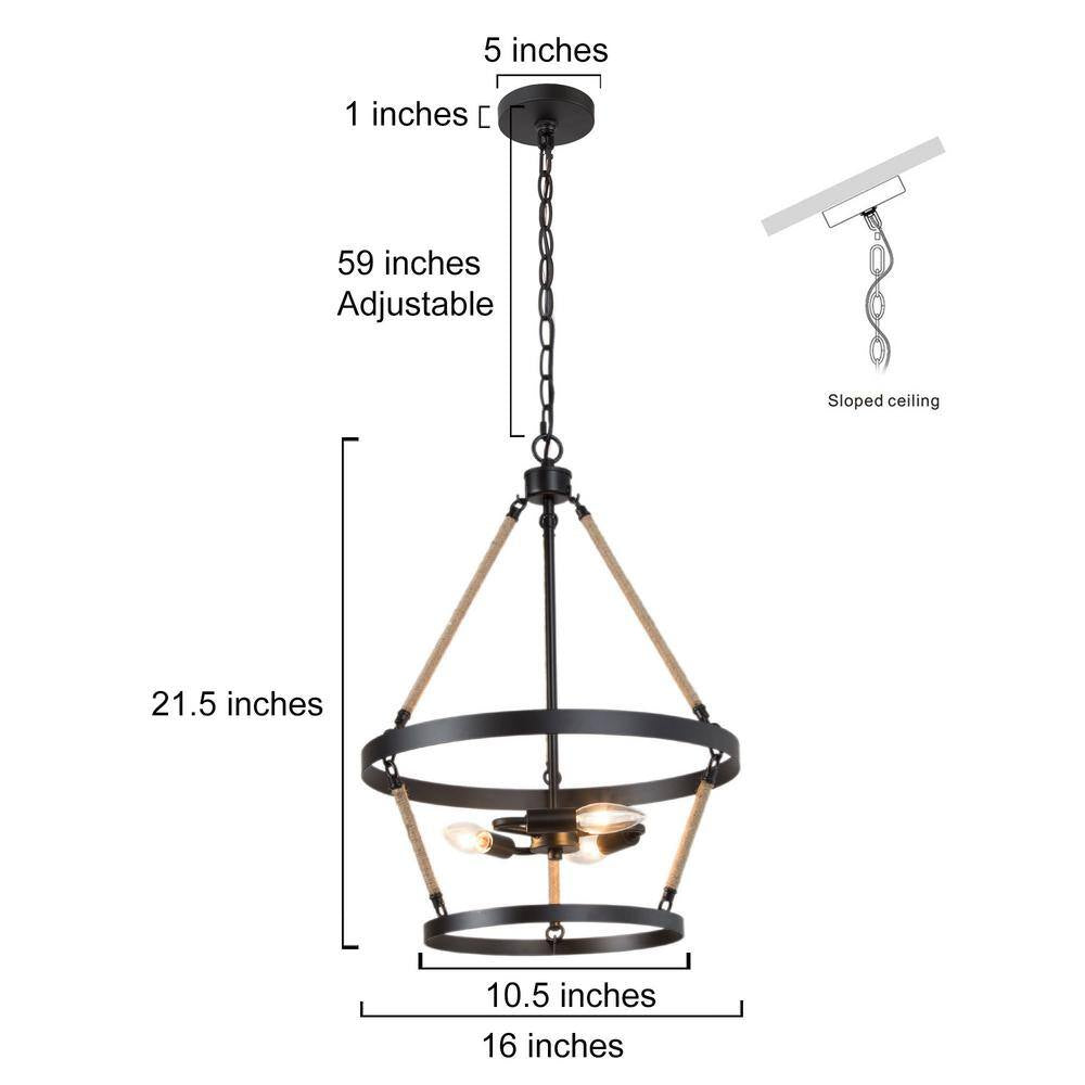 Black Chandelier Drum Candlestick 3-Light Industrial Farmhouse Island Cage Hanging Pendant Light with Ropes