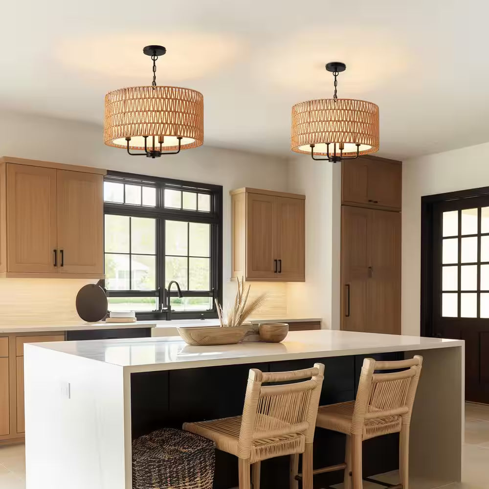 19.7 In. 4-Light Rattan Yellow Bohemin Chandelier for Foyer Dining Room