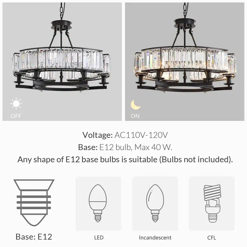 Modern Crystal Chandelier 26 In. 6-Light Black Drum Pendant Lighting Ceiling Semi Flush Mount