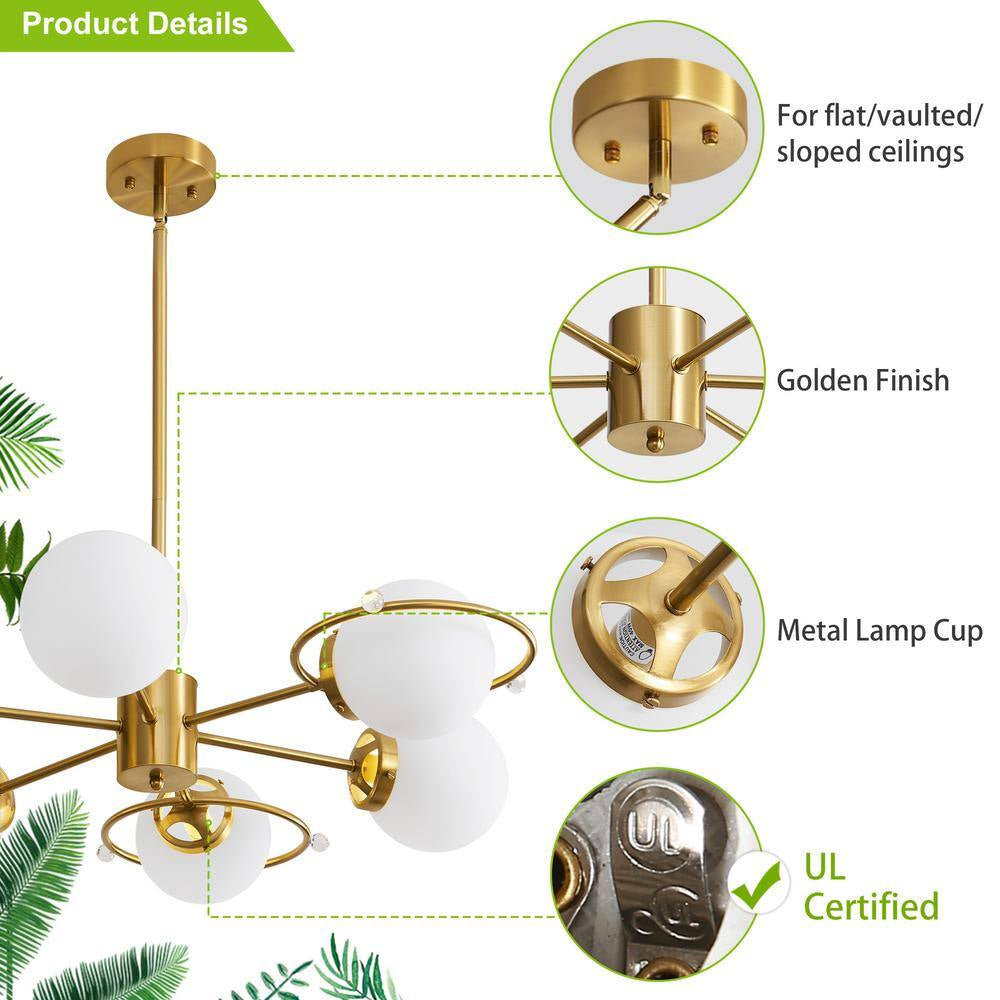 Modern 6-Light Gold Sputnik Chandeliers with Milk White Glass Shade and Height Adjustable, Bulbs Not Included