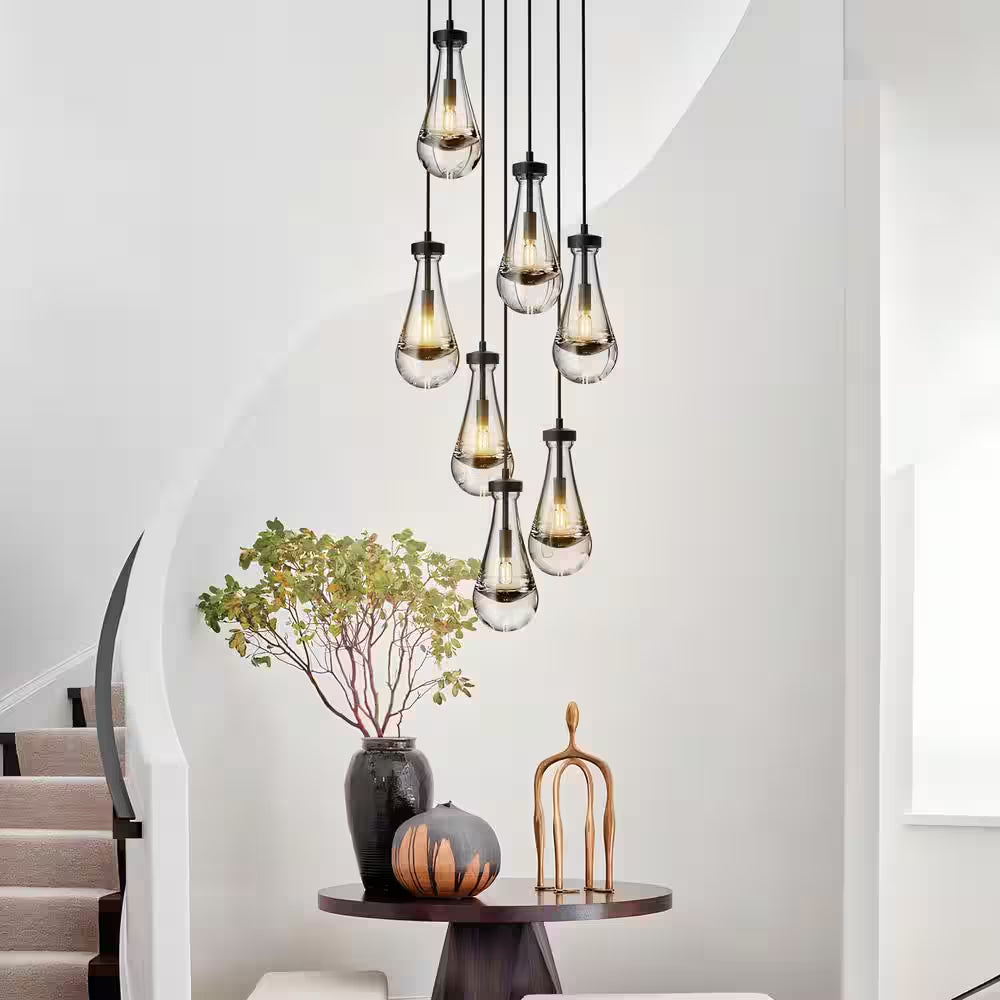Farmhouse Chandelier 100 In. H 7-Lights Raindrop Black Chandelier for Staircase, Foyer, Living Room, Bulb Included