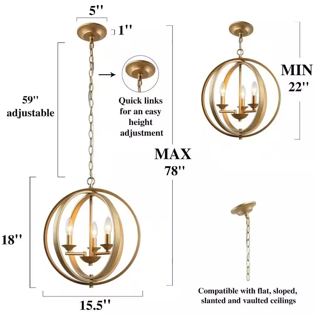 Modern Chandelier Pendant Light 3-Light Gold Globe Cage Dining Room Chandelier