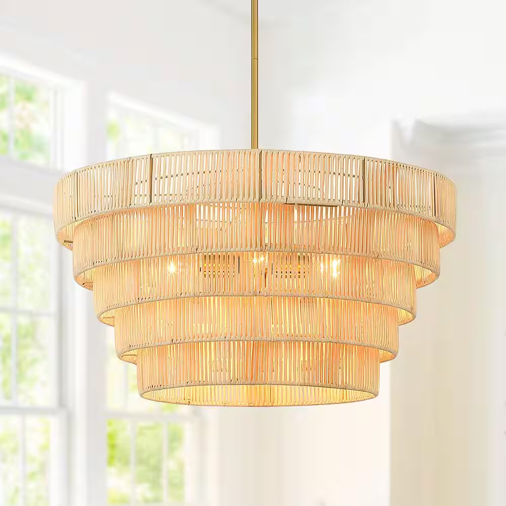 Piersan 26 In. 5-Light Brass Modern Bohemian Chandelier with Tiered Rattan Shade
