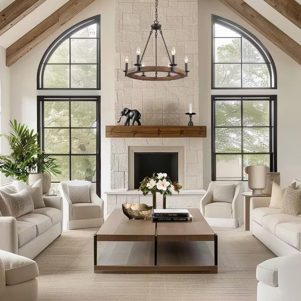 Farmhouse Wagon Wheel Chandelier, 6-Light Distressed Wood Circle Island Light, Rustic Bronze Dining Room Pendant Light