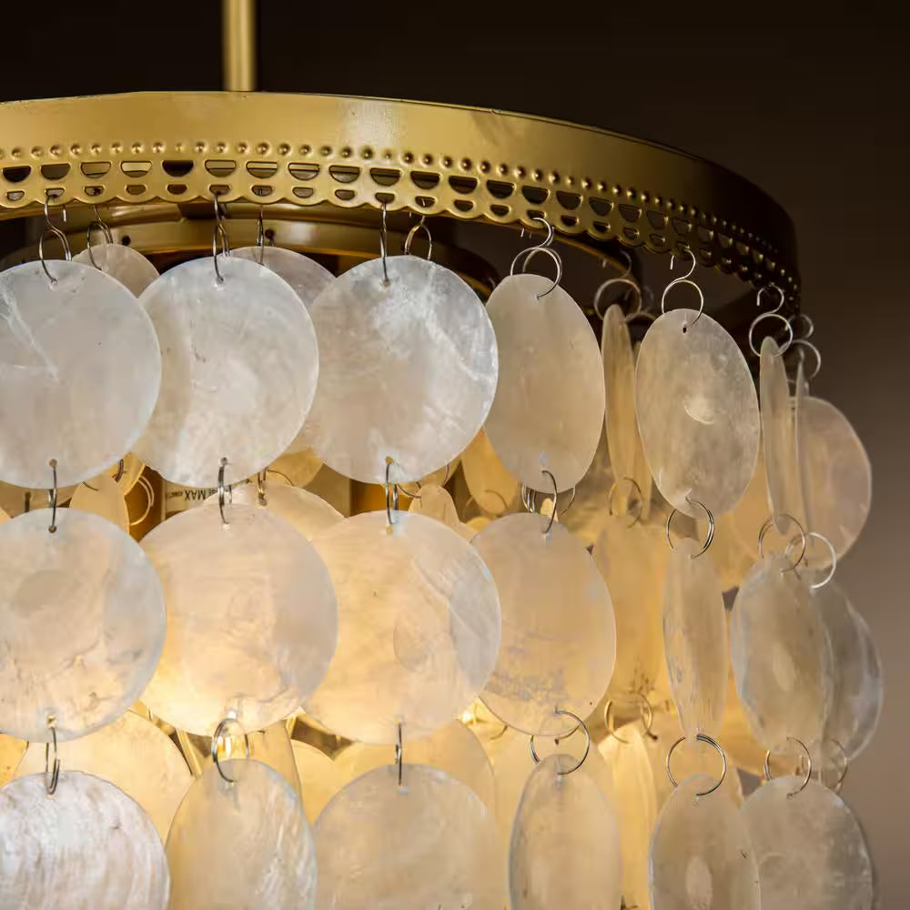 3-Light 13 In. Small Coastal Seashell Chandelier in Paintd Brass Farmhouse Pendant Light for Dining Room