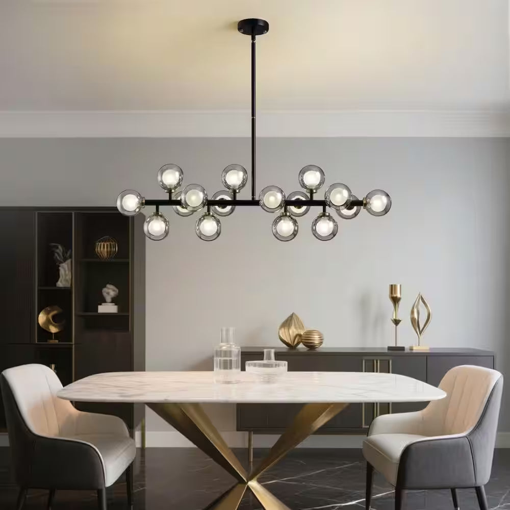 40 In. 16-Light Modern Black Dimmable Bubble Glass Sputnik Glass Globe Chandelier for Dining Room and Living Room