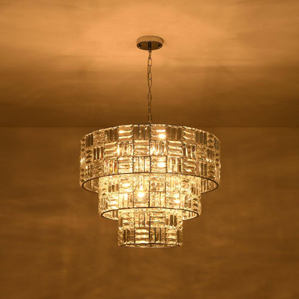Luz 11-Light 3-Tier round Crystal Chandelier Chrome Finish round with Crystal for Living Room